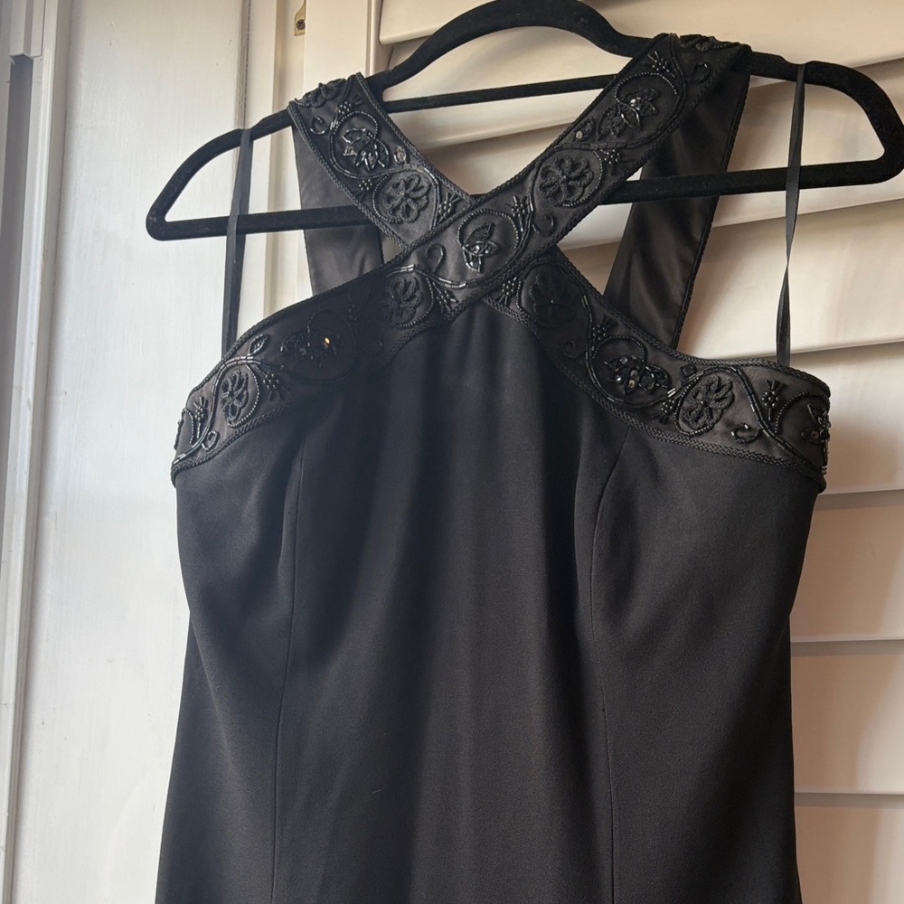 90s Elegant Black Beaded Cross Neck Black Tie Evening Dress Sz12